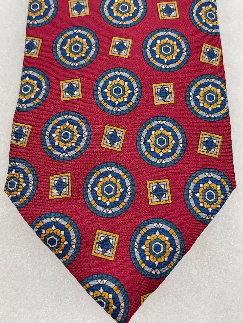 Hathaway Silk Tie Red Blue Gold Geometric Medallion Mosaic Made in USA